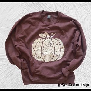 Fall Themed Mauve Crew Sweatshirt With Distressed Pumpkin